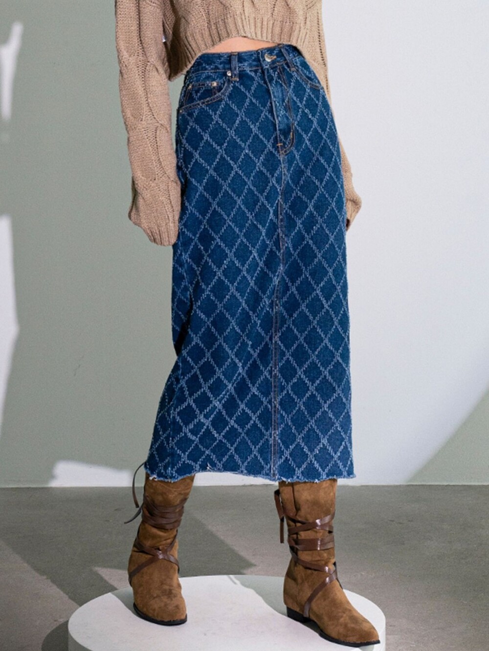 NWOT Udel New York Denim Long Skirt Blue Diamond Pattern,Small